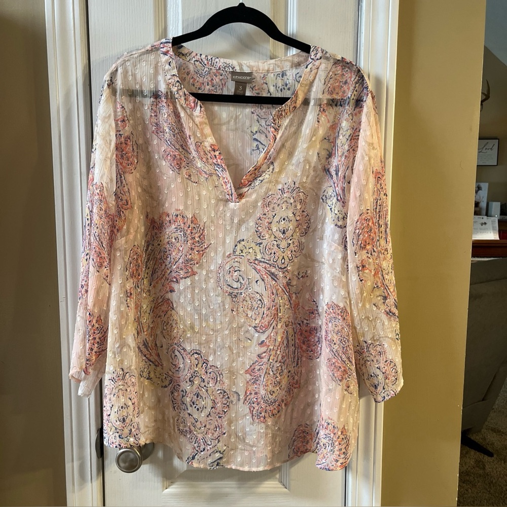 Womens Chicos size 3 pastel floral sparkle semi sheer 3/4 sleeved top blouse
